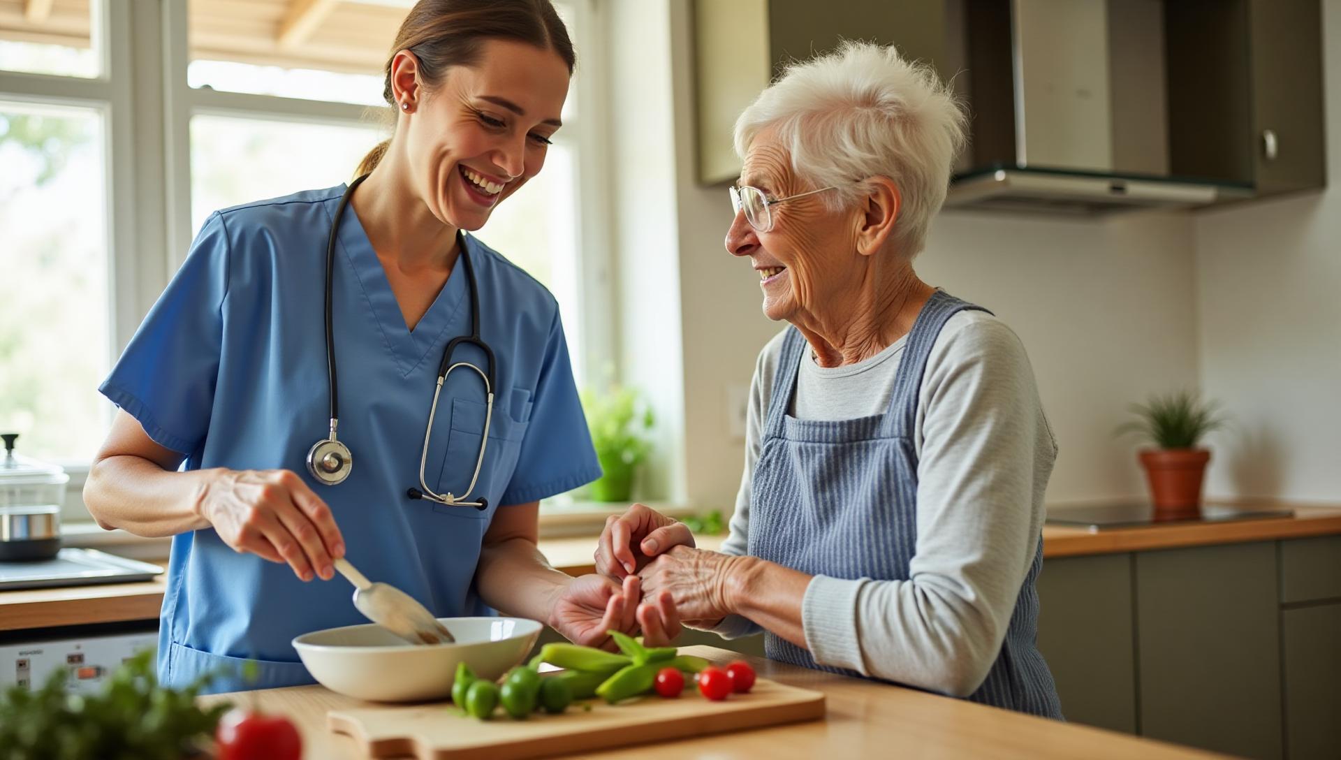 Professional caregiver helping elderly person at home